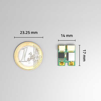 A render of Dronetag BS size compared to a 1€ coin