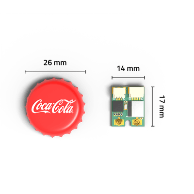 A render of Dronetag BS next to a Coca-Cola bottle cap