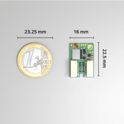 Render of Dronetag DRI and comparison with an euro coin