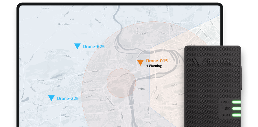 Visualization of our application, showing map on the left and Dronetag Mini on the right